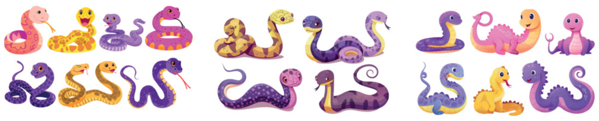 Wall Mural - A cute cartoon snake character with a tail. This is a funny serpent animal baby isolated set. There are four snakes in this set.