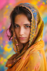 Poster - A woman in a yellow sari with a colorful headscarf on her head.