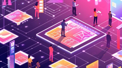 Fototapete - A creative studio with designers working on interactive digital blueprints, featuring user interface mockups, touch screens, and augmented reality elements for an intuitive experience
