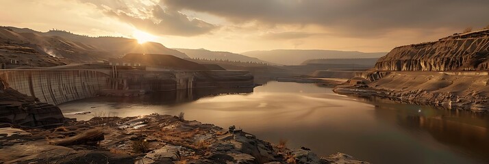 Canvas Print - Golden Hour Sunset Over Dam and River Landscape Photo