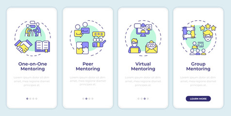 Wall Mural - Types of mentoring onboarding mobile app screen. Walkthrough 4 steps editable graphic instructions with linear concepts. UI, UX, GUI template. Montserrat SemiBold, Regular fonts used