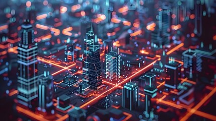 Poster - A smart cityscape where interconnected IoT devices communicate, displaying real-time data and updates on a central digital blueprint