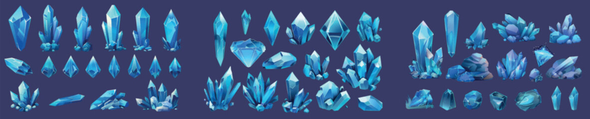 Poster - Clusters of blue shining gemstone crystals for game level rank UI design. Cartoon assets of growing piles of diamond raw material rocks.