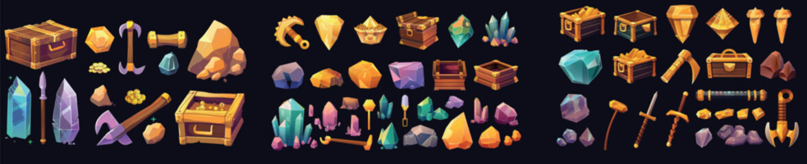 Wall Mural - Game UI design icons of gold mine equipment including crystals, crate with precious metal extracted from it and pickaxe. Treasure miner tools and assets.