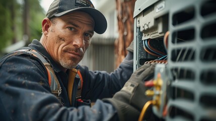 Wall Mural - A man is working on an air conditioner