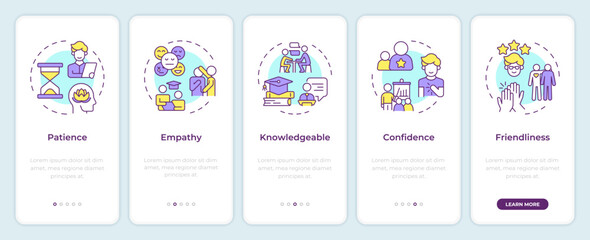 Wall Mural - Qualities of great mentor onboarding mobile app screen. Walkthrough 5 steps editable graphic instructions with linear concepts. UI, UX, GUI template. Montserrat SemiBold, Regular fonts used