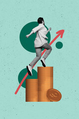 Wall Mural - Trend artwork composite sketch image 3D photo collage of money usd dollar trader graphics business man run climb up pile coins arrow grow