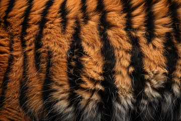 Poster - Tiger fur texture, orange and black stripes, seamless pattern for background or wallpaper, close-up view of fur with detailed tiger stripe patterns in the style of nature.