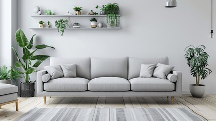 Wall Mural - Interior of light living room with grey sofas, shelf unit and plants. copy space for text. image of interior.