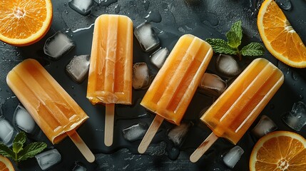 Canvas Print - Orange popsicles on a black background with ice and orange slices