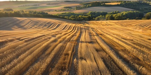 Wall Mural - Aerial View of a Harvested Wheat Field at Sunset