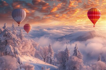 Wall Mural - a group of hot air balloons flying over a snow covered forest