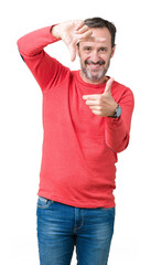 Canvas Print - Handsome middle age hoary senior man wearing winter sweater over isolated background smiling making frame with hands and fingers with happy face. Creativity and photography concept.