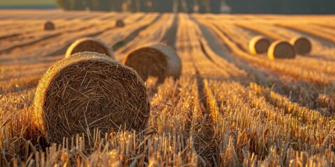 Wall Mural - Golden Hay Bales in a Rural Field at Sunset