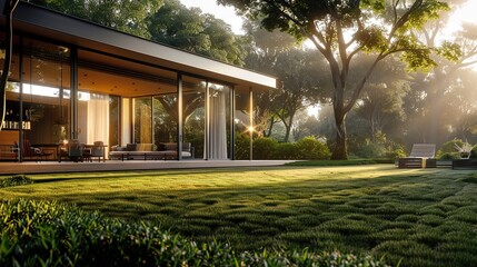 Wall Mural - Modern villa with large glass windows and terrace, lawn in front of the house, sunlight shining through trees, close-up view of grass from side angle. copy space for text.