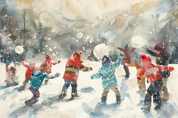 Wall Mural - a painting of children playing in the snow