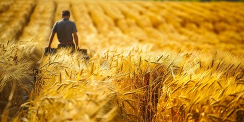 A Single Farmer Walks Through a Golden Field of Ripe Wheat During Harvest