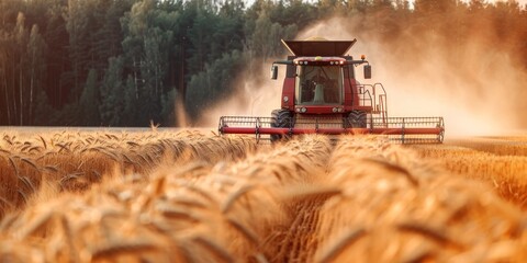 Wall Mural - Red Combine Harvester Harvesting Wheat Field at Sunset