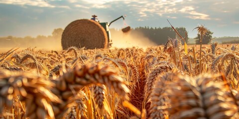 Wall Mural - A Farmer Bales Hay in a Golden Field at Sunset