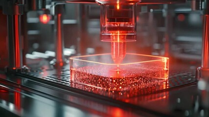 Poster - A virtual simulation of a bioprinting process, showcasing a nozzle depositing material into a liquid medium.