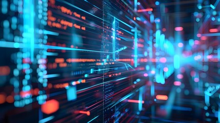 Fototapete - A digital laboratory where analysts use advanced software to examine event logs and identify areas for improvement in business processes, with glowing data trails and analysis charts