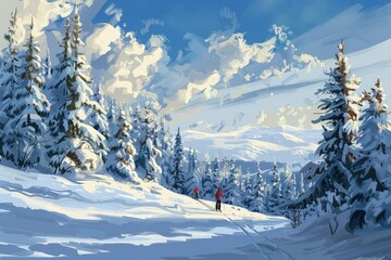 Wall Mural - a painting of two people cross country skiing