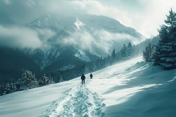 Wall Mural - a couple of people walking across a snow covered slope