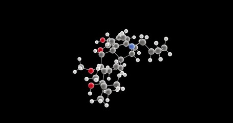 Wall Mural - Buprenorphine molecule, rotating 3D model of opiate partial agonists, looped video on a black background