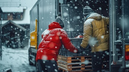 Two workers in heavy jackets and gloves loading crates of frozen meat into a refrigerated truck, transport securing. The truck is parked outside a large cold storage facility.