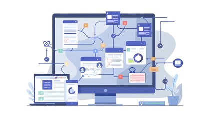 Wall Mural - An organized office with digital tools and flowcharts displaying the systematic approach to enhancing workflow efficiency, adaptability, and effectiveness