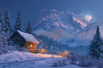 Wall Mural - a cabin in a snowy mountain with a full moon