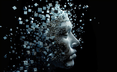Wall Mural - abstract digital human face made out of cubes on black background. artificial intelligence and cyber