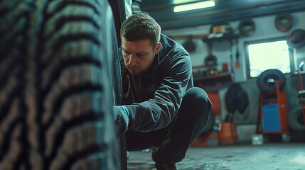 Wall Mural - In a car service, a technician is passionate about replacing tires, focusing on ensuring maximum safety for the driver and the vehicle.
