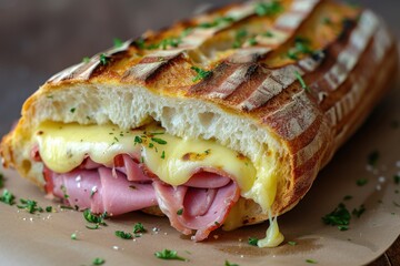 Delicious sandwich with ham and cheese on kitchen table. Traditional lunch meal. Generated AI