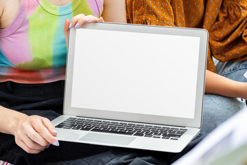 Sticker - Laptop transparent screen png mockup, students working together