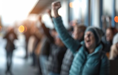 Blurred photo of a crowd of people in a rally or protest, with one person raising a fist, showing determination and unity for a cause.