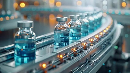 Poster - close-up of a factory conveyor belt carrying numerous liquid-filled vials, showcasing automated manu