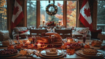 Thanksgiving dinner with a roasted turkey and festive dishes, Canadian flags and autumn decorations