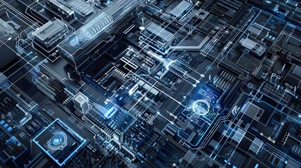 Poster - A futuristic IT environment showcasing a complex interplay of technologies and tools, with digital blueprints and schematic diagrams illustrating the integrated technology stack