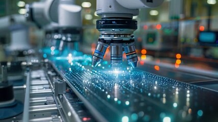 Poster - a robotic arm with multiple lenses inspects a circuit board on a conveyor belt in a modern factory, 