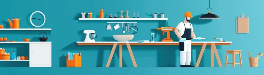 Modern bakery kitchen with baker, baking tools, utensils, countertop, orange and teal colors, stylish and clean design, vector illustration