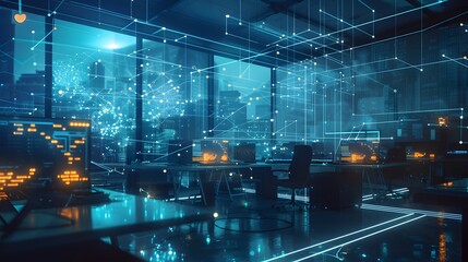 Poster - An AI-driven workspace where workflows adapt in real time to changing conditions, depicted as a dynamic network adjusting to inputs and external factors