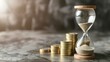 © savittree - Increasing coin stacks and hourglass symbolizing time and money on a neutral surface