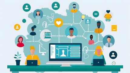 Fototapete - A virtual collaboration hub where global teams interact through digital platforms, exchanging ideas and files to enhance workflow communication and productivity