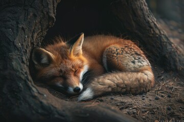 Canvas Print - a red fox curled up asleep in a tree