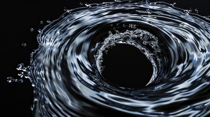 Aufkleber - A close-up shot of a water vortex against a black background. The water creates a swirling pattern of light and dark, with the center of the vortex a solid black