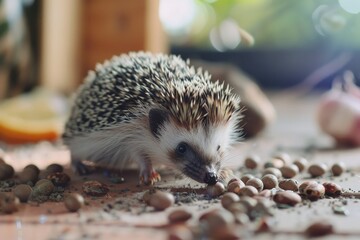 Wall Mural - a small hedge is eating some food on the floor