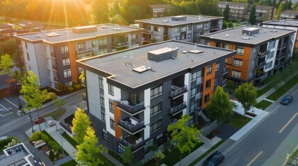 Poster - An aerial view of a modern apartment complex, with the setting sun casting a warm glow over the building. Green trees and manicured lawns surround the property, creating a serene urban setting