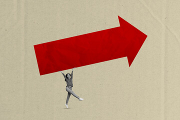 Canvas Print - Photo collage artwork minimal picture of exited smiling lady rising red arrow isolated carton paper background