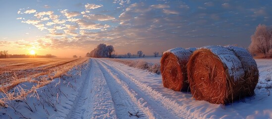 Wall Mural - Sunrise Over a Snow-Covered Country Road